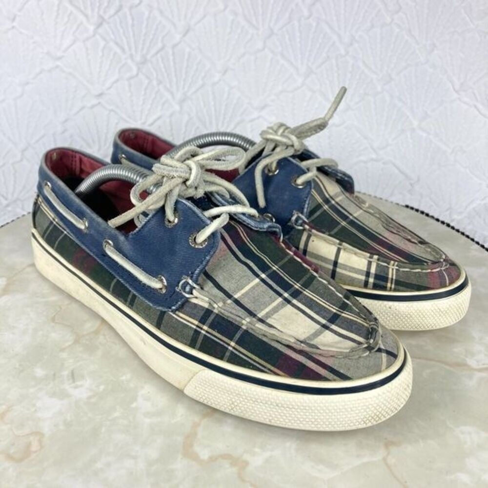 Sperry Plaid Canvas Loafer Boat Shoes Womens 7.5 Blue Preppy Slip On Deck Shoes